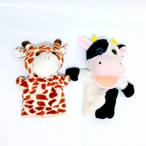 Lot of 2 Hand Puppets Plush Set Bundle of Stuffed Animals Giraffe Cow Baby